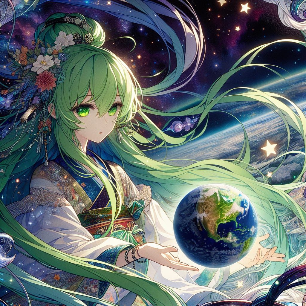 Anime Girl Floating in Space Among Stars