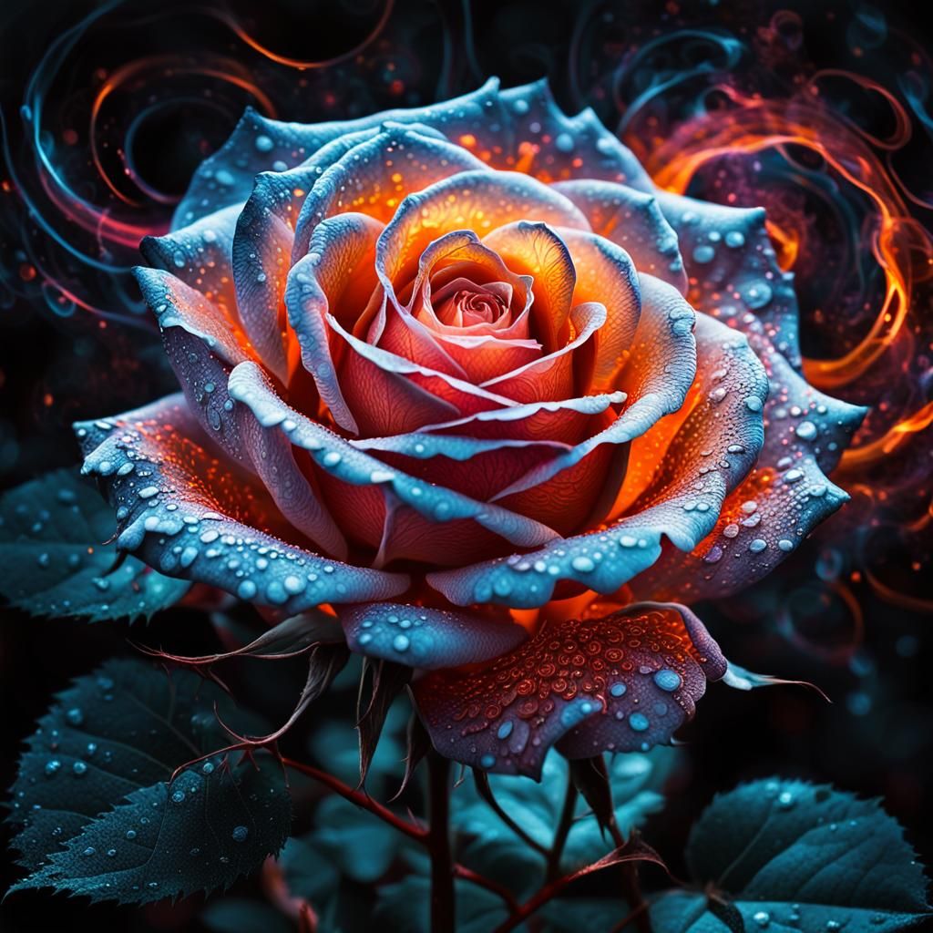 Glowing Rose in Eden: Surrealist Ink Pointillism