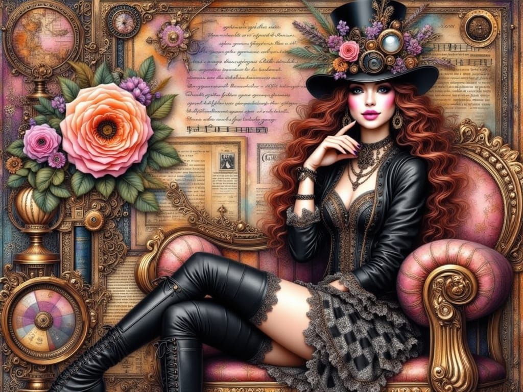 Goth-Punk Woman in Steampunk Hat, Post-Impressionist Style
