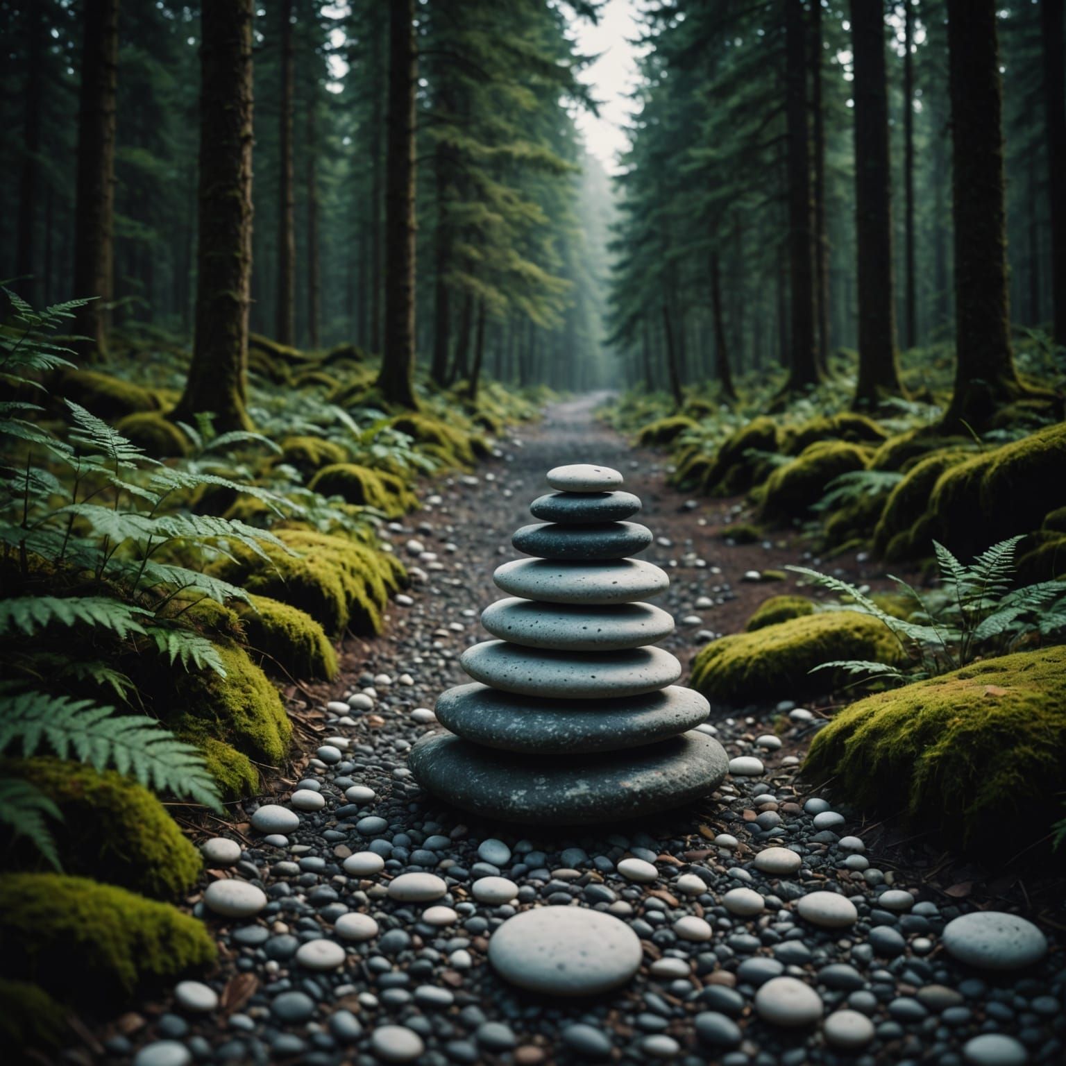 Pebble Stack Beside Forest Road in Cinematic Style