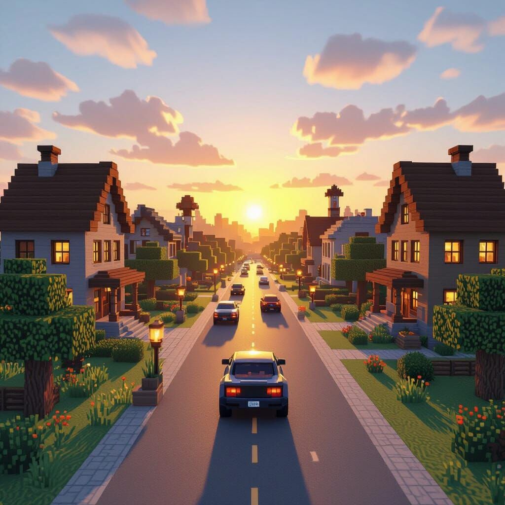 Minecraft Cityscape at Sunset in Digital Painting Style