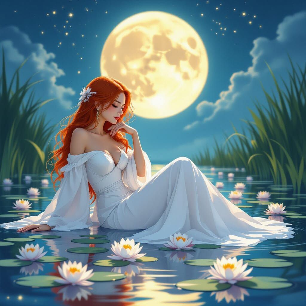 Ethereal Redhead in Moonlit Pond, Dreamy Art Style