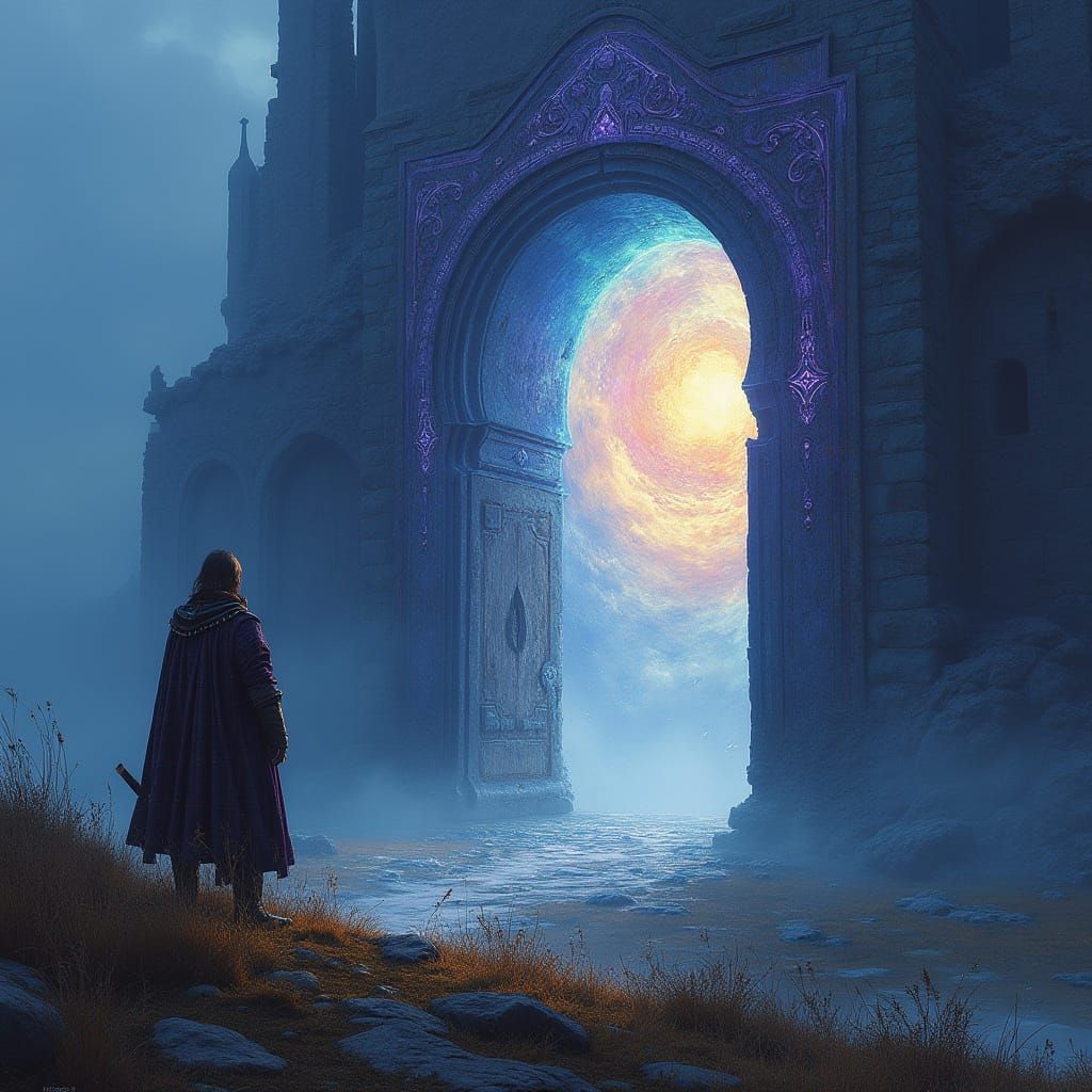 Celtic Warrior Gazes into Future Portal