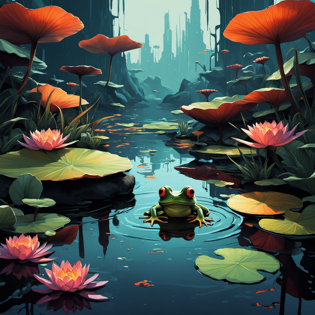 Surrealistic Frogs in a Polluted Pond Scene, Inspired by Stu...