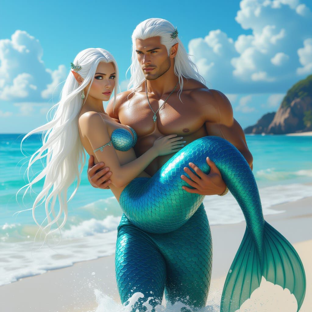 Athlete Carries Mermaid on Beach: Fantasy Art