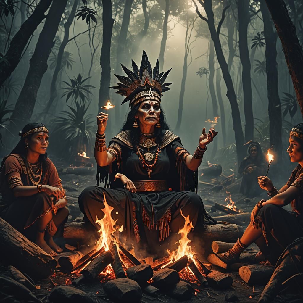Aztec Witch Telling Story in Jungle Campfire