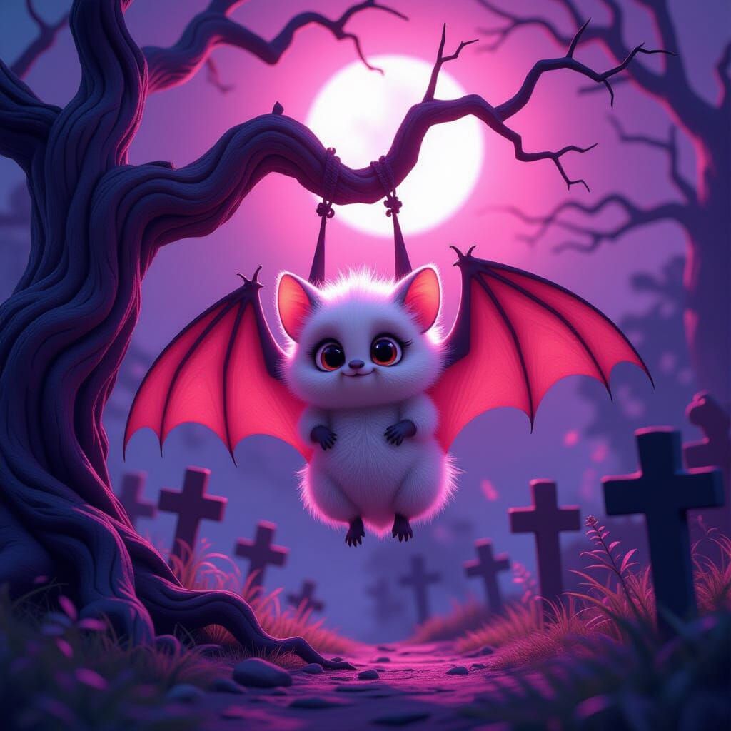 Cute Fluffy Bat on Spooky Halloween Tree