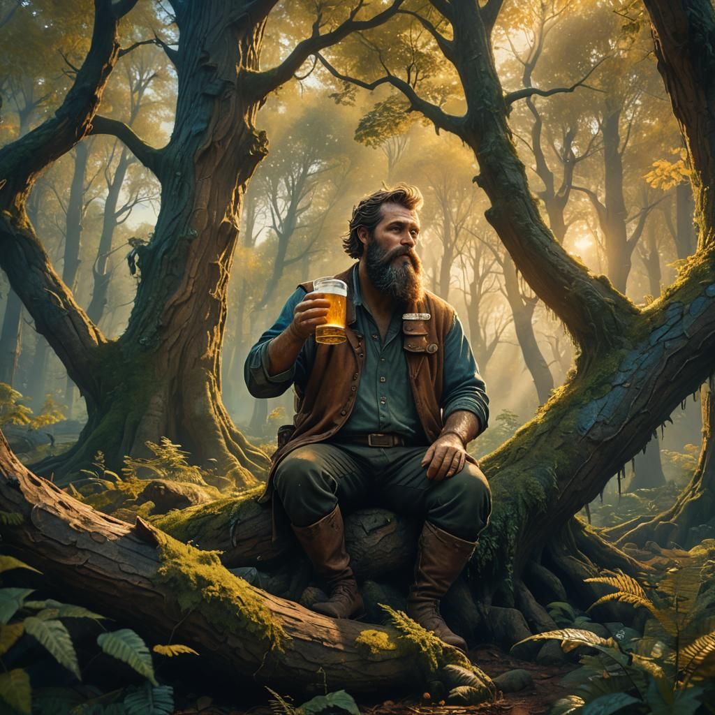 Bearded Man Drinking Beer in Forest: Matte Painting