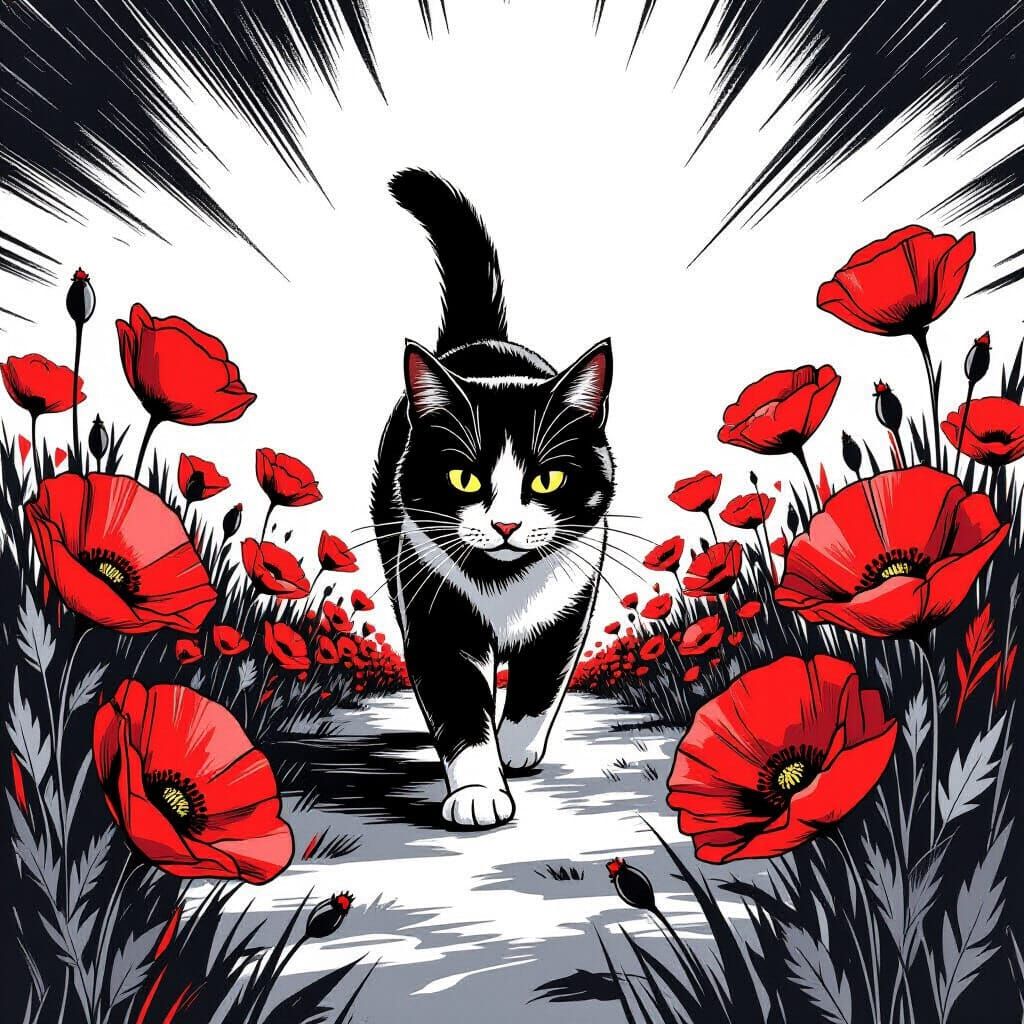 Black and White Cat in Red Poppies, Comic Art Style