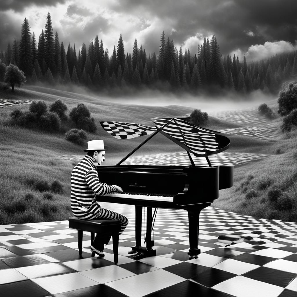 A mime playing a piano on a checkerboard landscape.