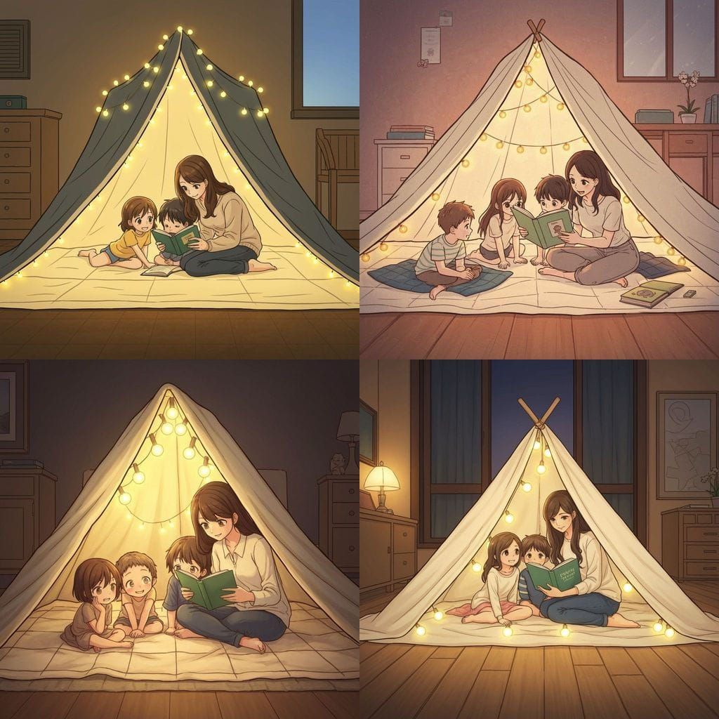 Cozy Anime Family Reading in Blanket Fort