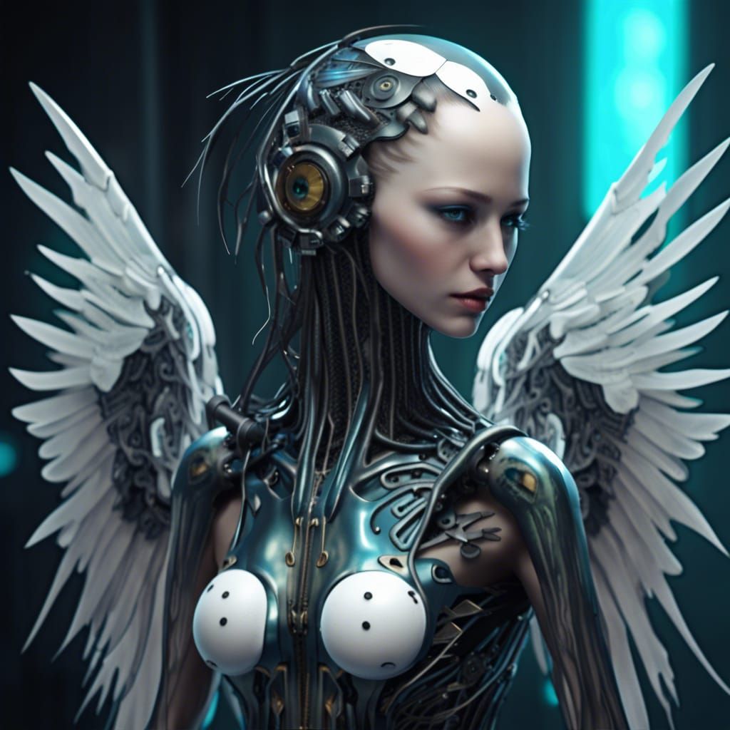 Creepy Winged Android in Cyberpunk Horror Style
