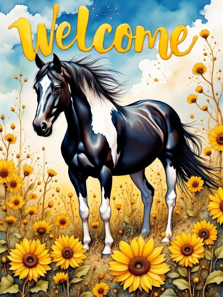 Elegant Paint Horse in a Vibrant Sunflower Field