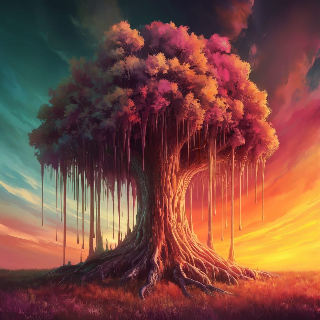 Vibrant Tree Transforms Under Cosmic Sky