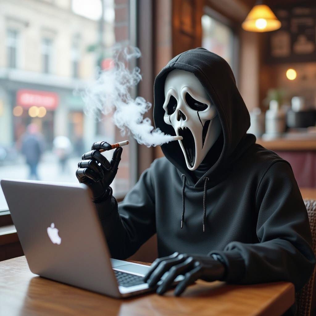 Scream Ghostface Working in Cafe with Laptop