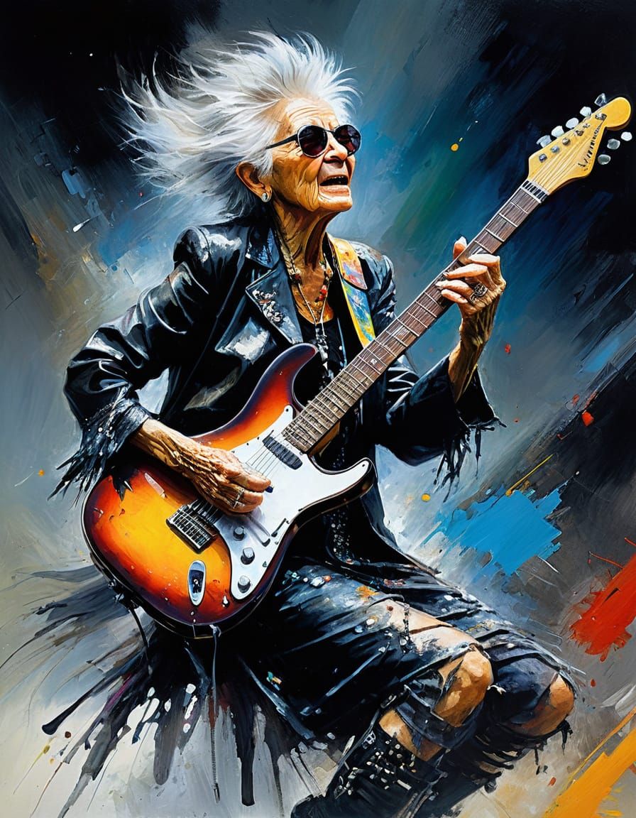 Elderly Woman Rocks Out: Vibrant Oil Painting Concert