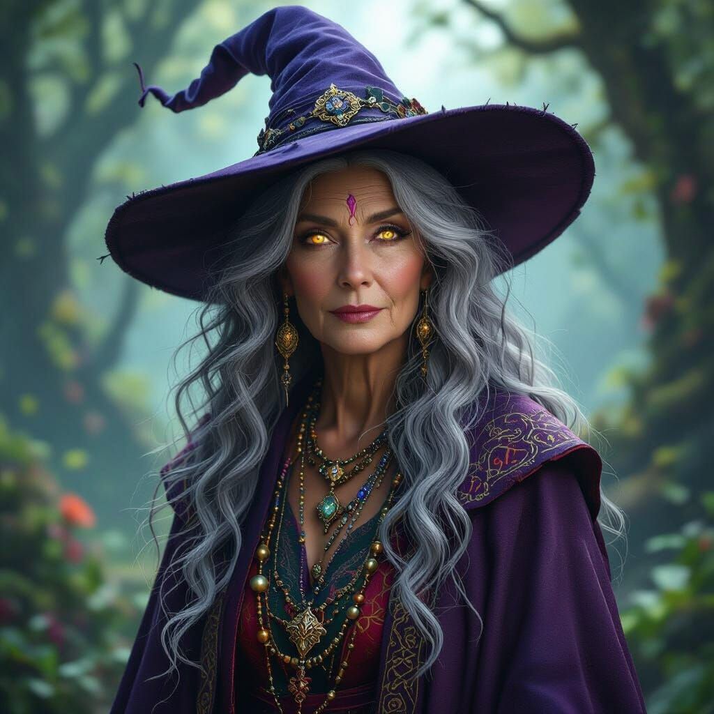 Mystical Witch Uma in Enchanted Forest, Matte Painting Style