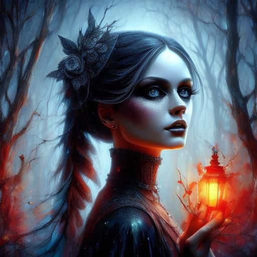 Wednesday Addams in Deciduous Forest, Alcohol Ink Style