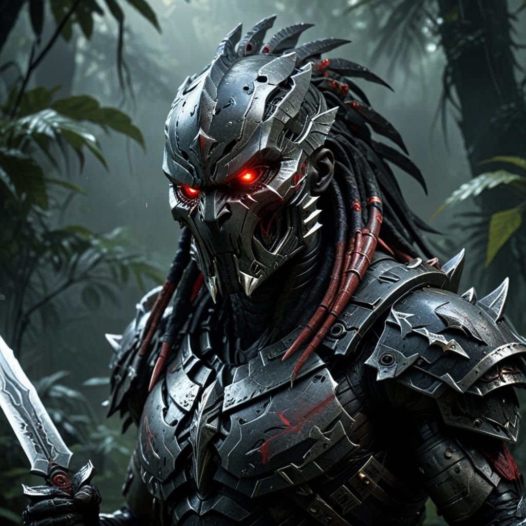 Surreal Yautja Predator in Tribal Armor, Jungle Ambiance