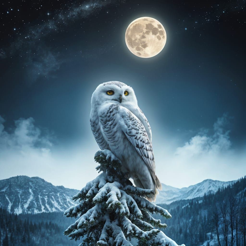 Snowy Owl Perched on Pine at Night