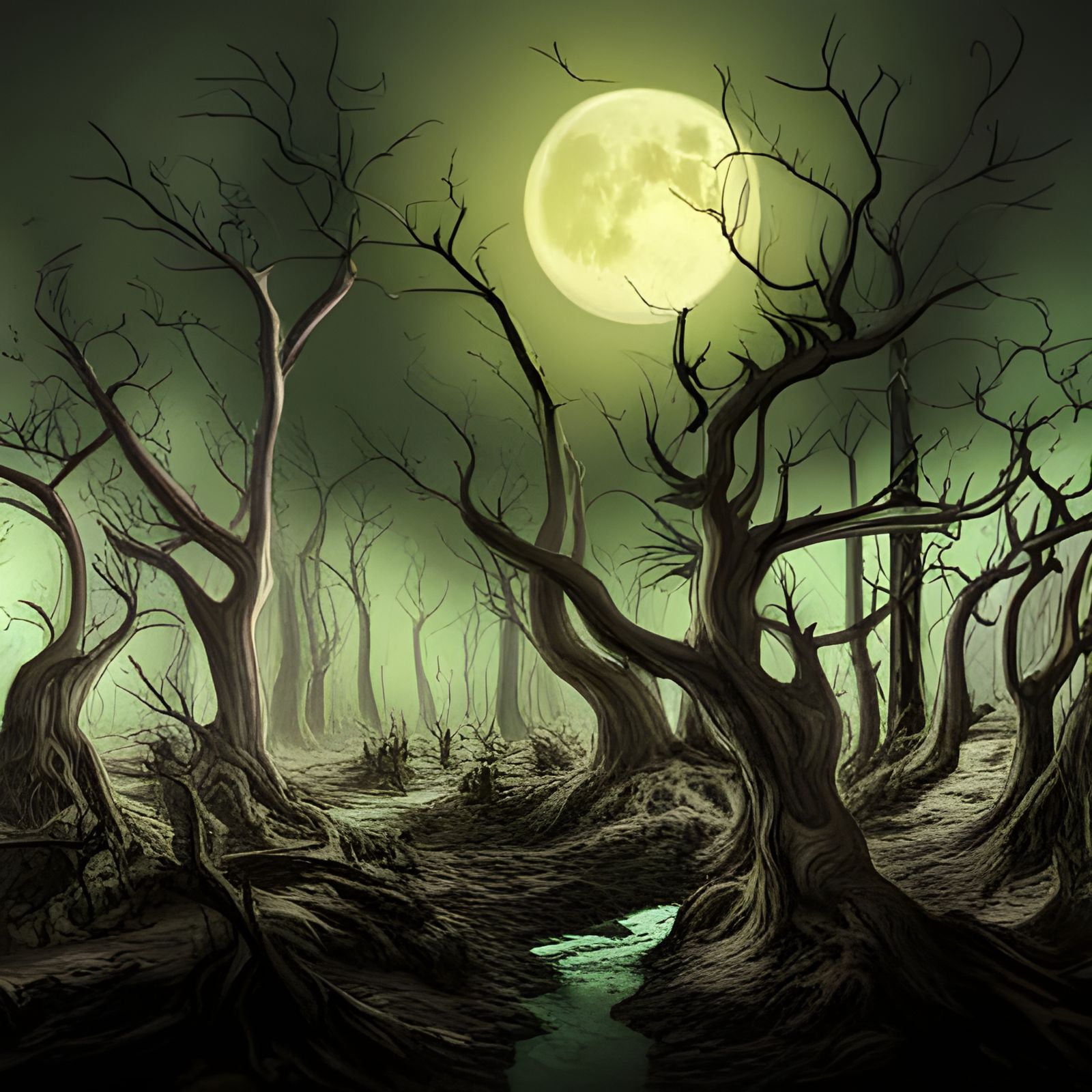 Creepy Forest Under Full Moon: Detailed Matte Painting