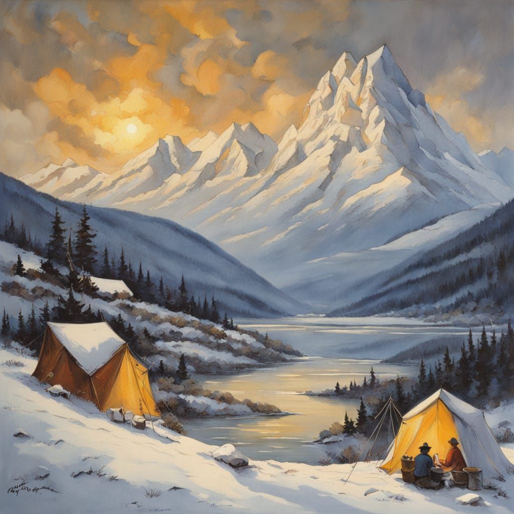 Serene Winter Campsite Scene in the Style of Romantic Oil Pa...