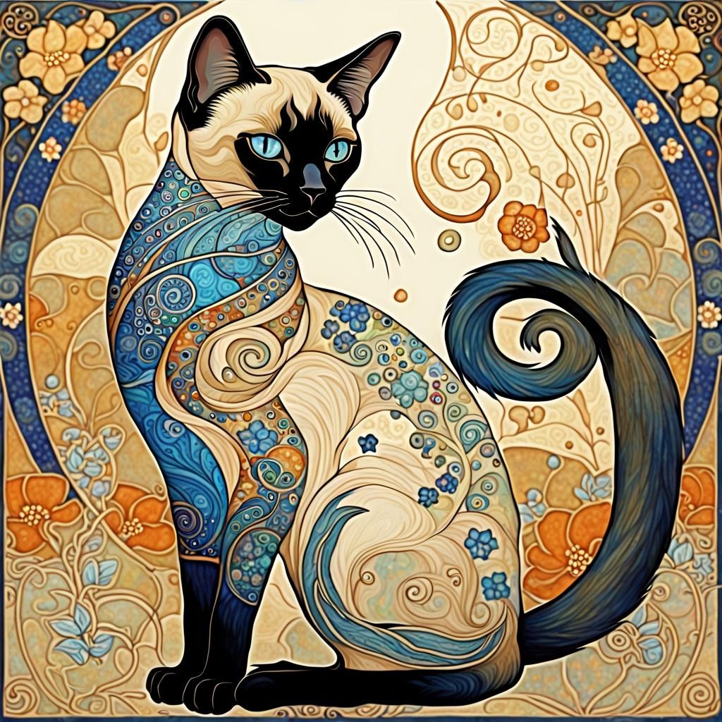 Luxurious Art Nouveau Siamese Cat Portrayal