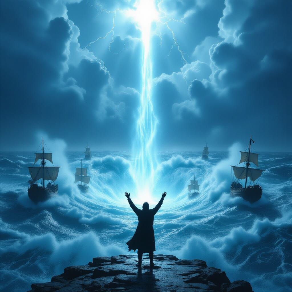 Figure in Whirlpool Under Divine Light Beam