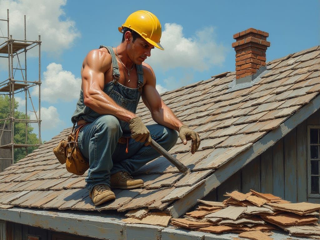 Roofer Hammering Shingles in Gritty Realism Style