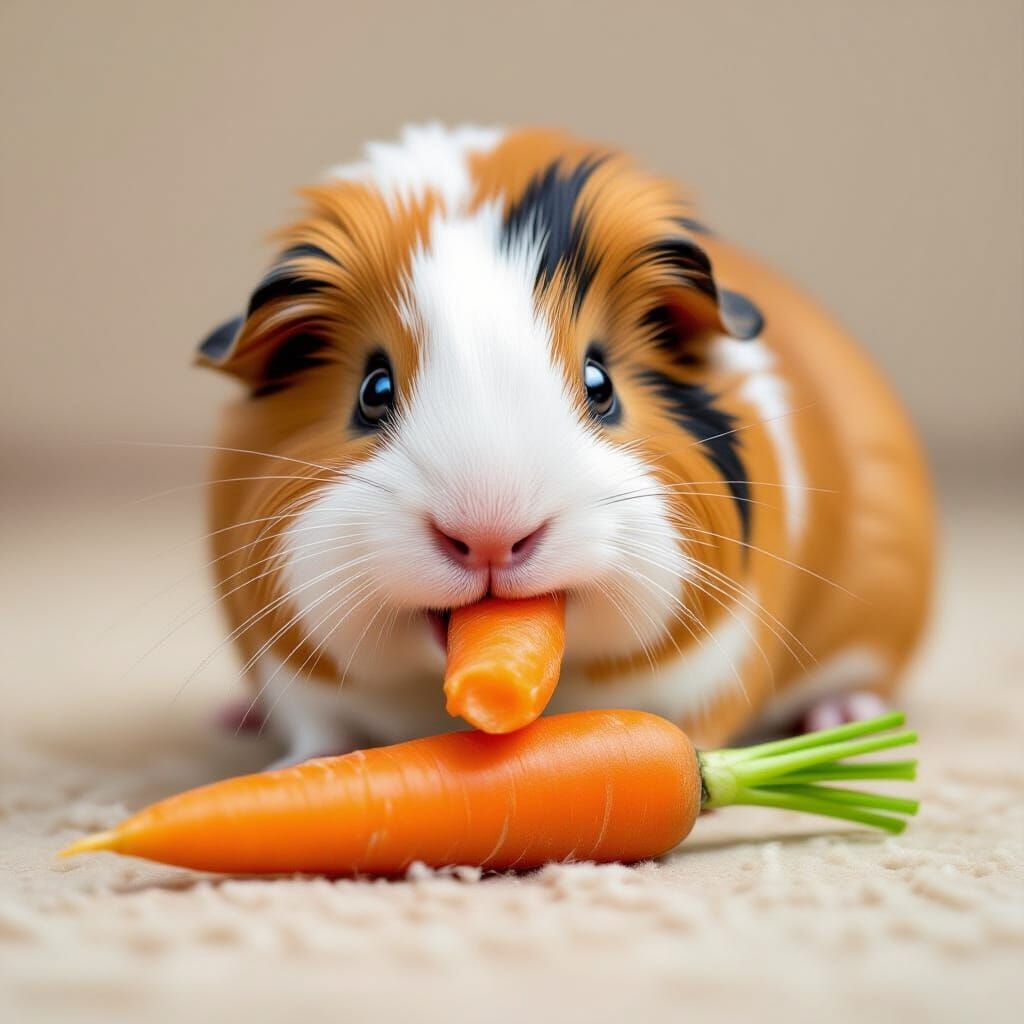 Goofy Guinea Pig Chewing a Carrot