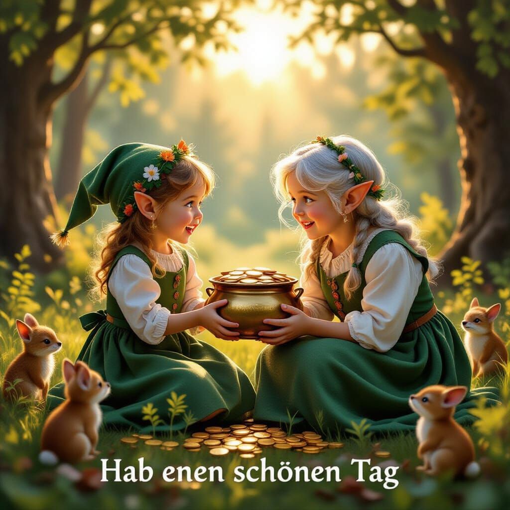 Elf Children Gift Coins to Grandmother at Sunrise