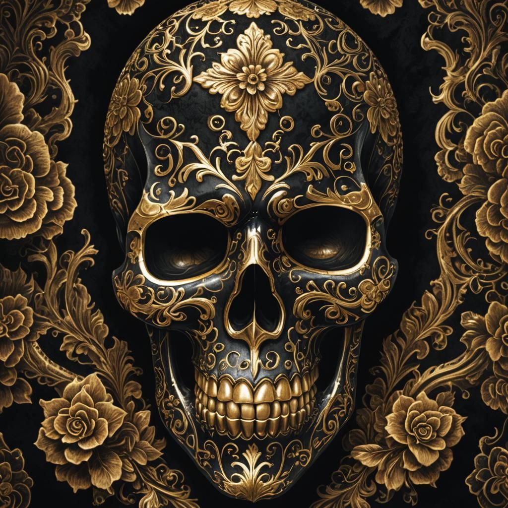 Gleaming Gold Sugar Skull in Dark Fantasy Style