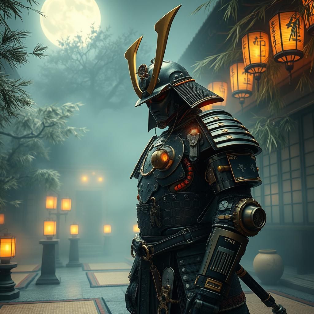 Cyborg Samurai in Moonlit Courtyard, Cyberpunk Style