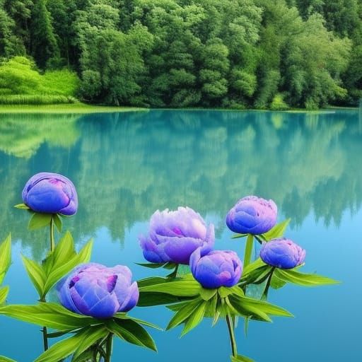 Blue pionies at a lake