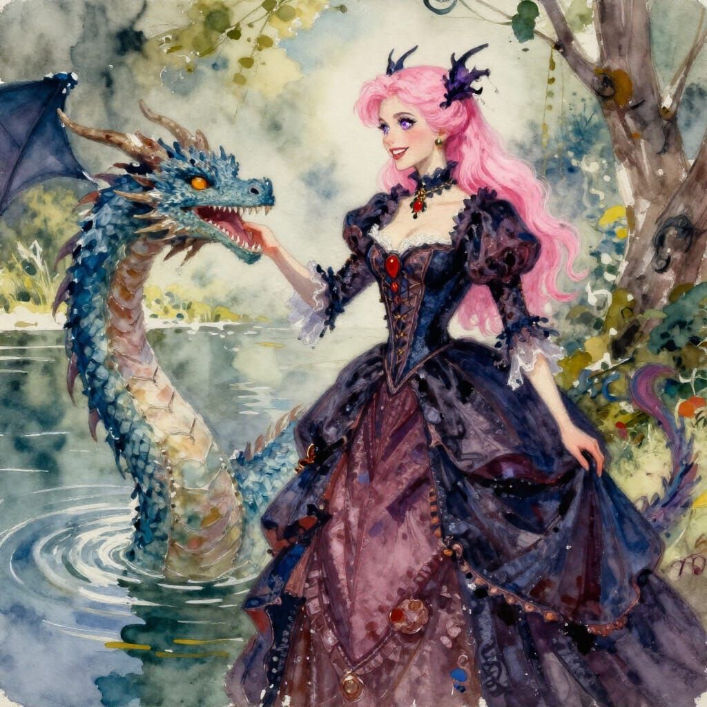 Woman Petting Dragon by Pond in Gouache Style