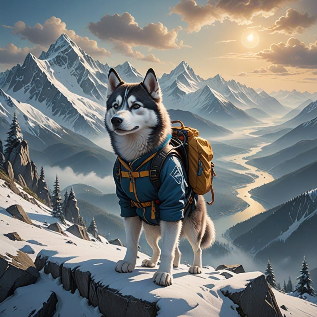 Adorable Husky Mountaineer Climbs Majestic Snowy Peaks