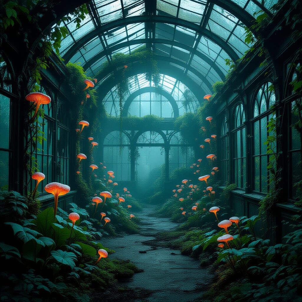 Forgotten Greenhouse with Bioluminescent Vines in Gothic Hor...