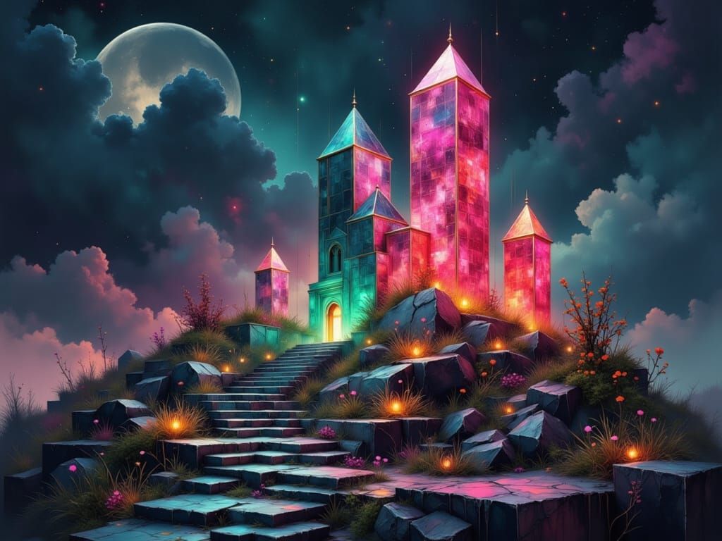 Tourmaline Crystals on Rocky Stairway at Night