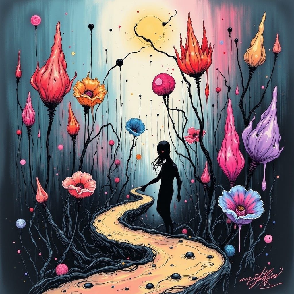 Surreal Landscape with Androgynous Figure and Iridescent Flo...