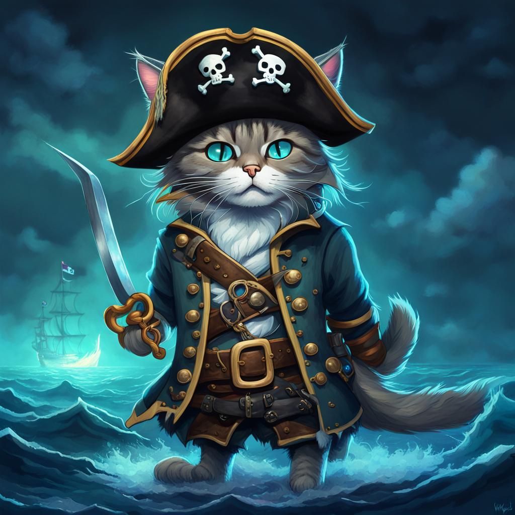 Bioluminescent Pirate Cat Captain on Stormy Seas