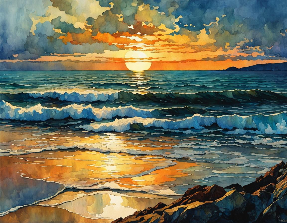 Summerscape Twilight Sea in Digital Watercolor