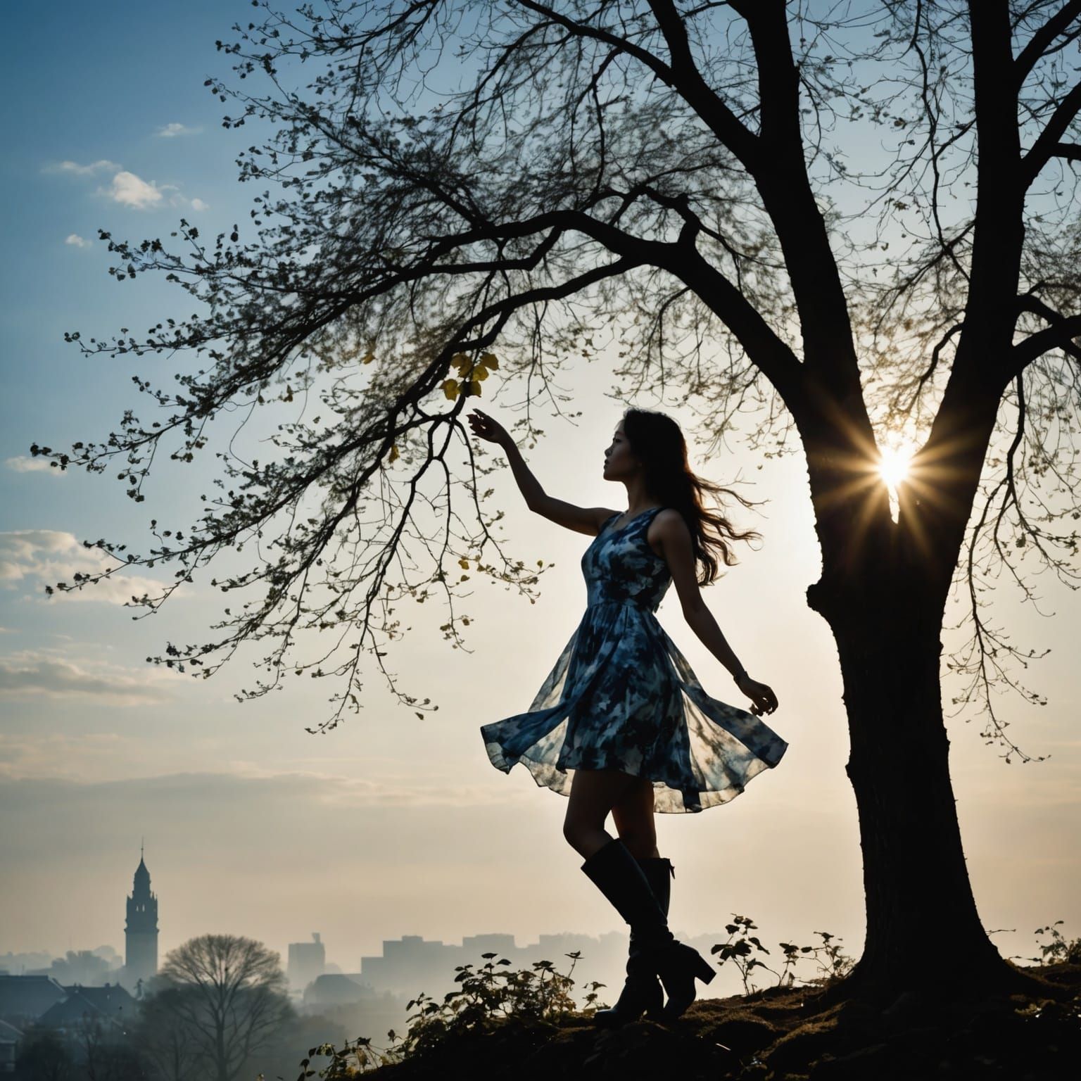 Surreal Watercolor: Woman in Ginkgo Tree Silhouette