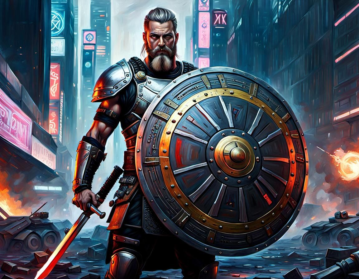 Cyberpunk Viking Warrior with Enhanced Shield
