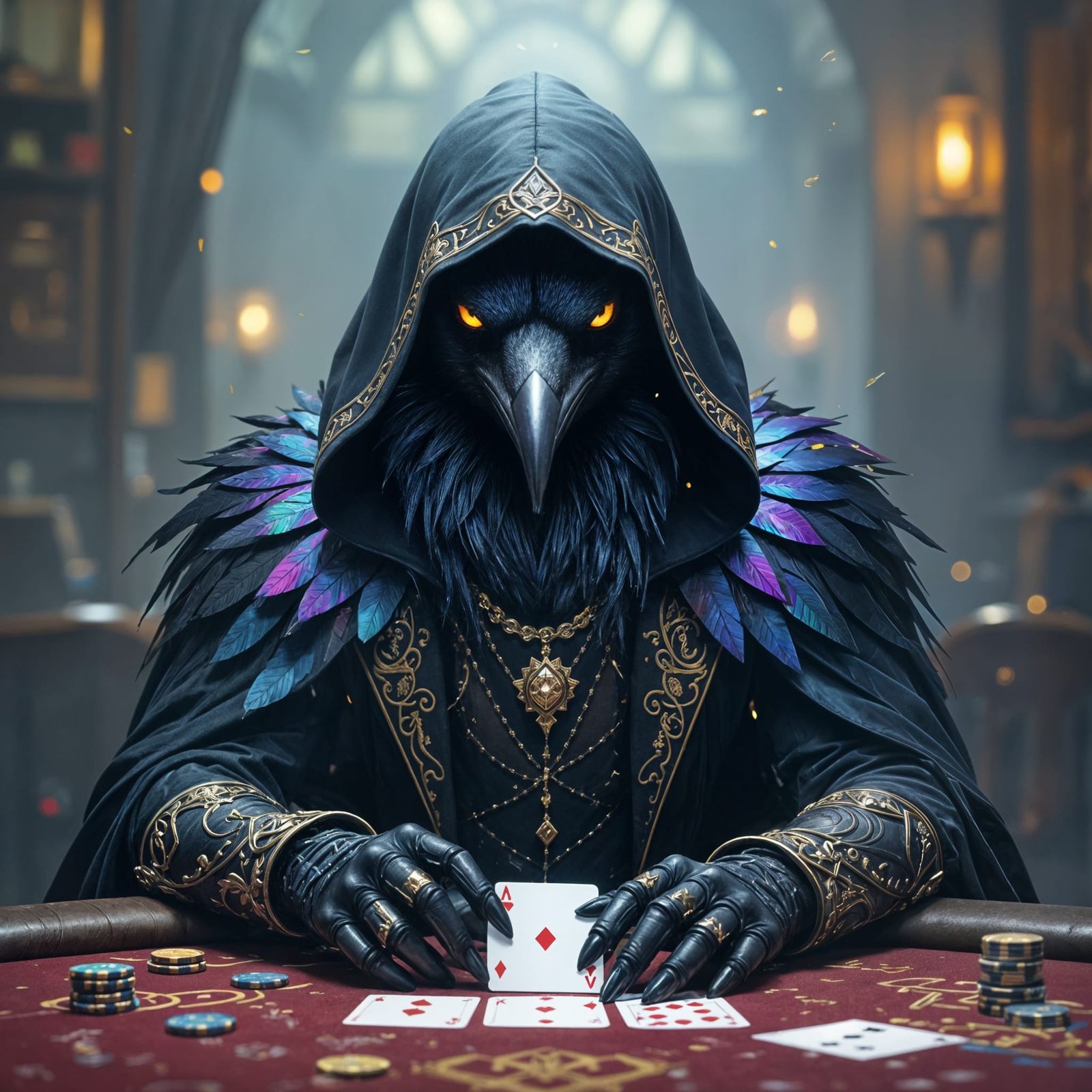 Cyberpunk Crow Gambler Creates Holographic Illusions