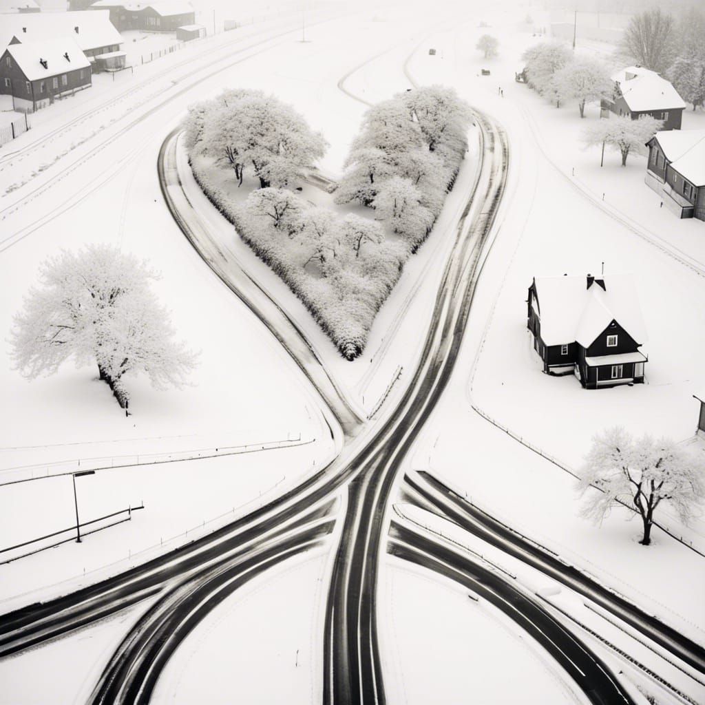 Heart-Shaped Tree in Winter Street: Conceptual Portrait