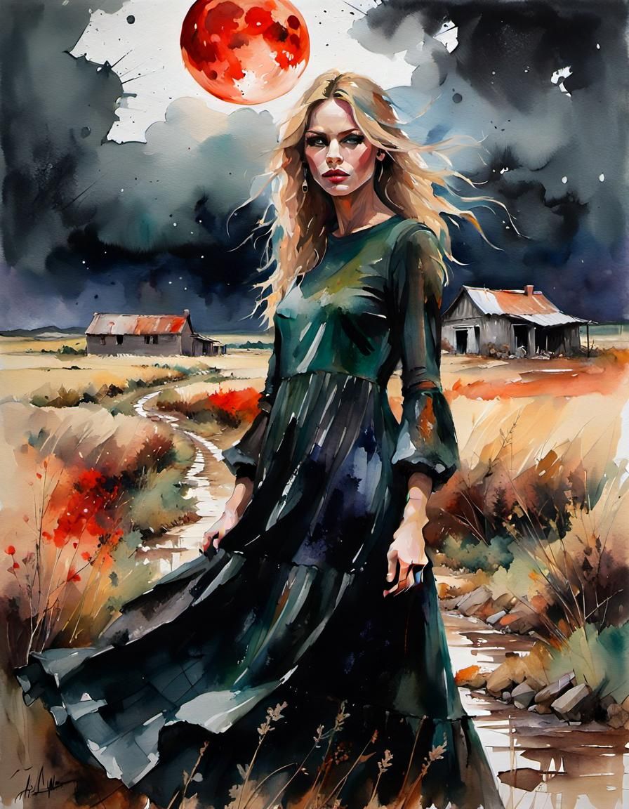 Girl in Maxi Dress Near Barn, Watercolor Painting
