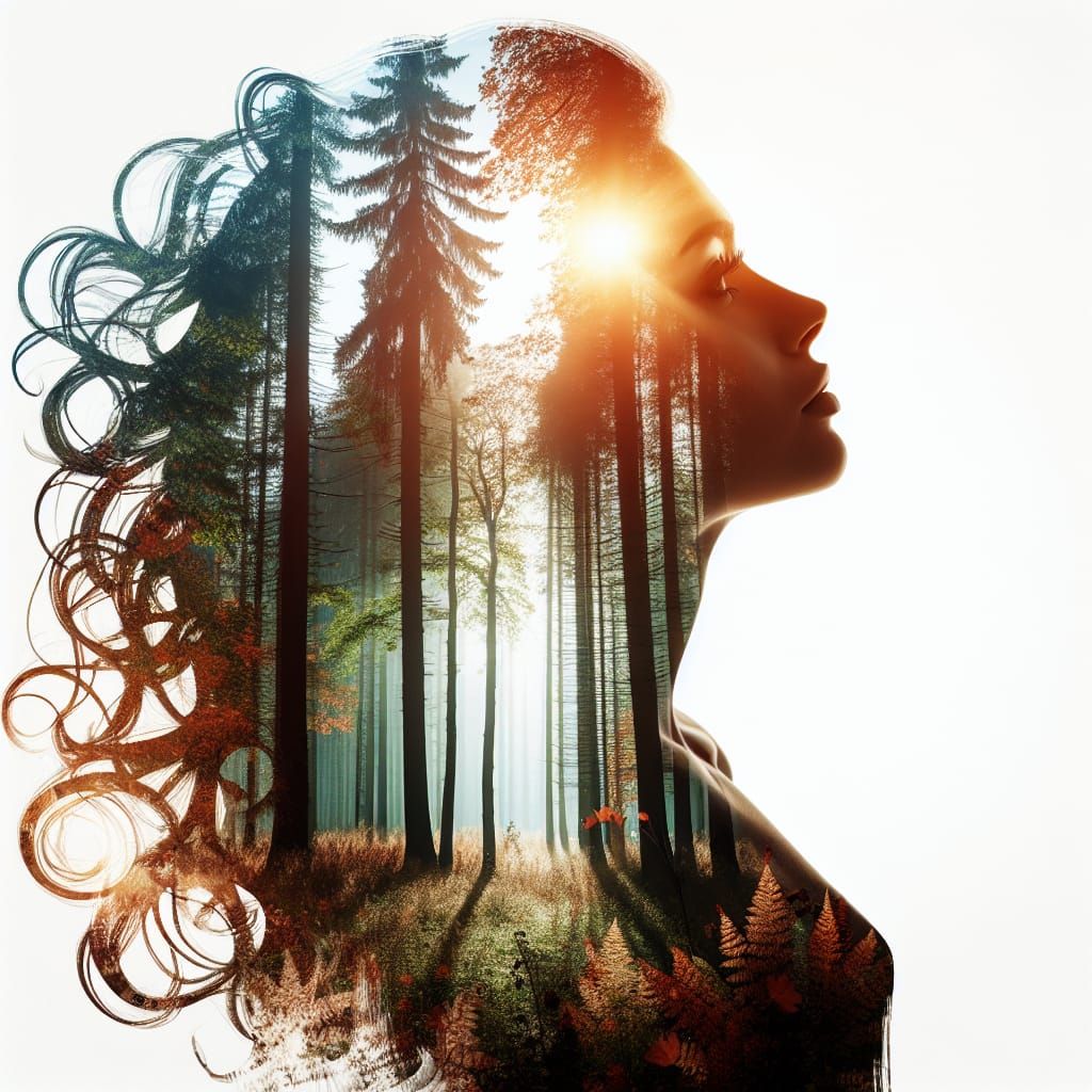 Double Exposure: Woman and Enchanting Autumn Forest