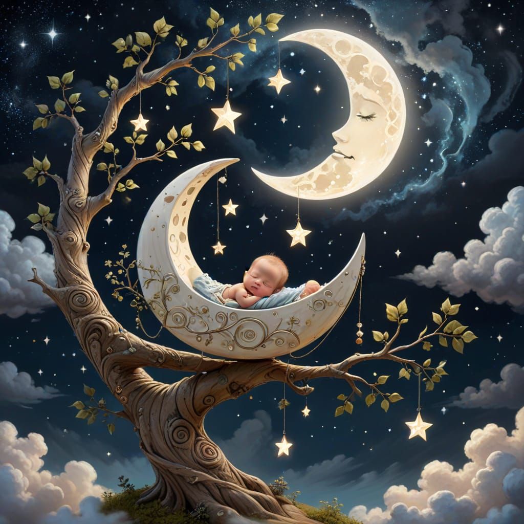 Whimsical Treehouse Nursery Scene with Magical Moonlit Night...