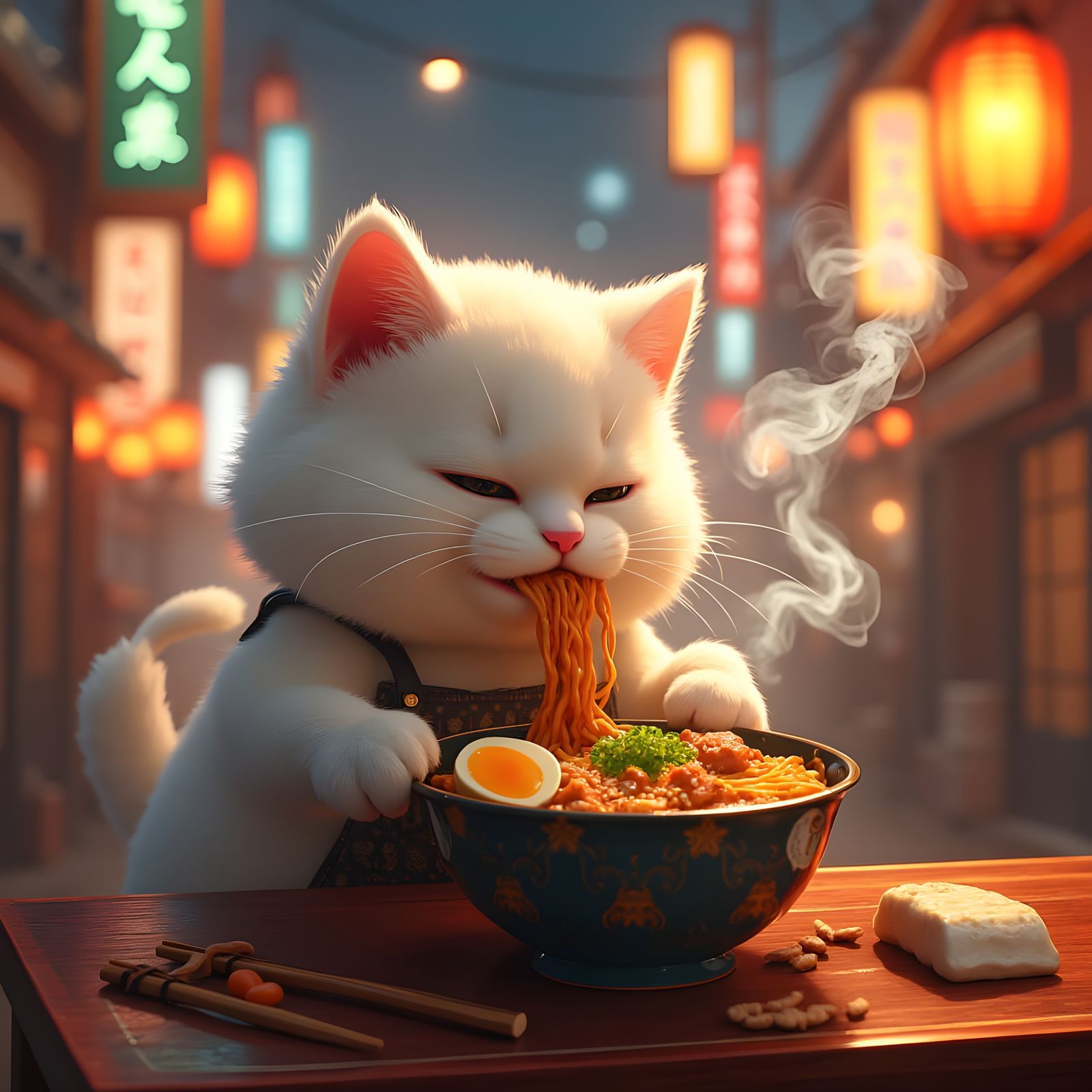 Cat Eating Ramen: Detailed Matte Painting