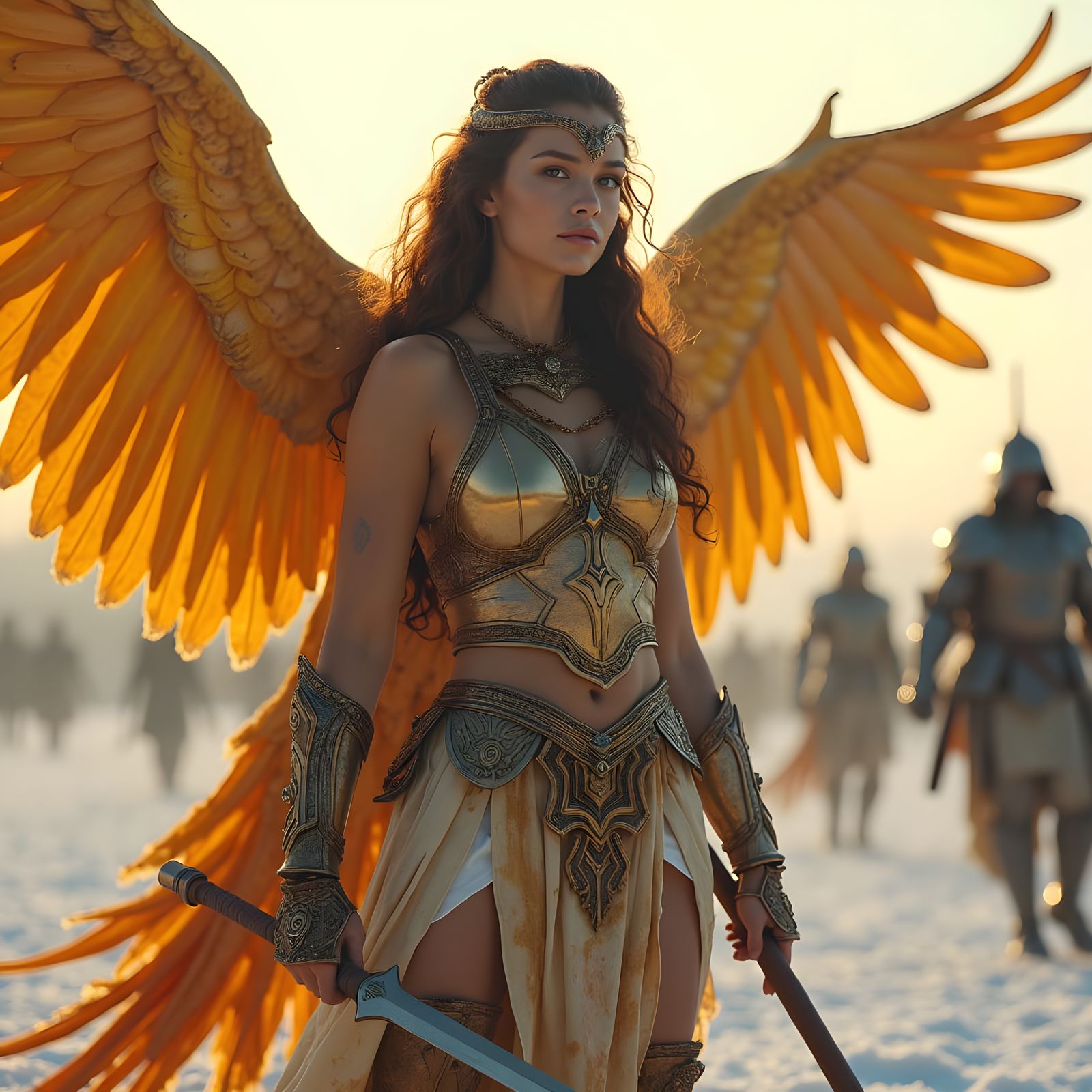 Amazon Warrior with Phoenix in Epic Battle Scene